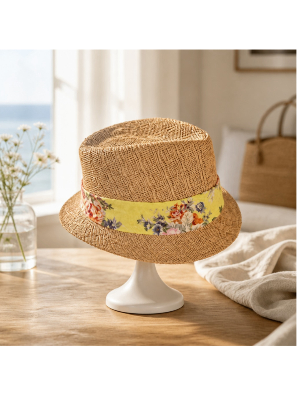 Unique Straw Fedora Hat One Size Beige Woven Floral Yellow Ribbon Boho Retro